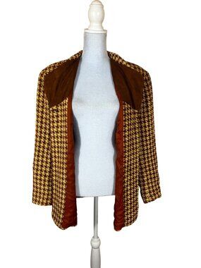 Vintage 70s TAHARI Womens Houndstooth Jacket With Brown Suede-Like Collar L